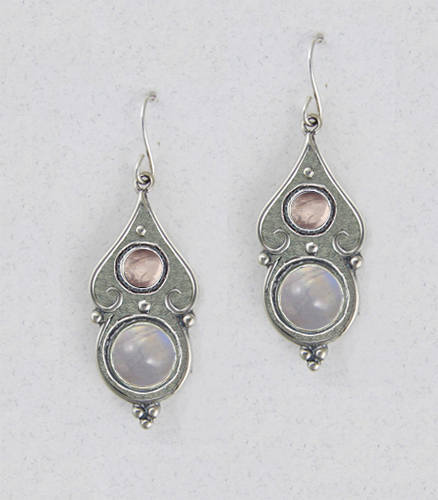 Sterling Silver Gothic Look With Rainbow Moonstone And Rose Quartz Gemstone Drop Dangle Earrings